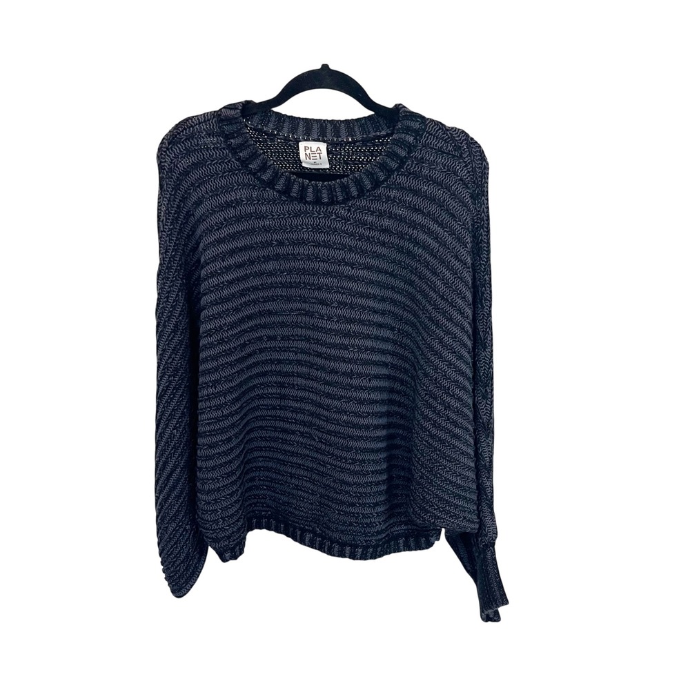 Planet by Lauren G Black Gray Chunky Knit Oversized Dolman Sweater One Size